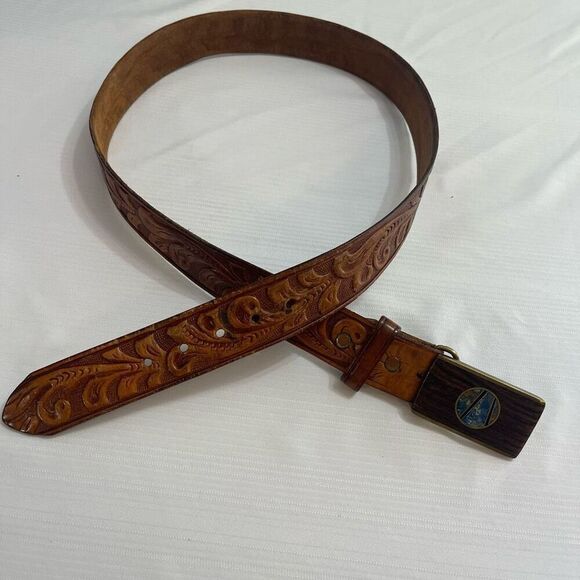 Santa Fe Stoneworks Brown Tooled Vintage Belt Size 38 - Picture 1 of 7